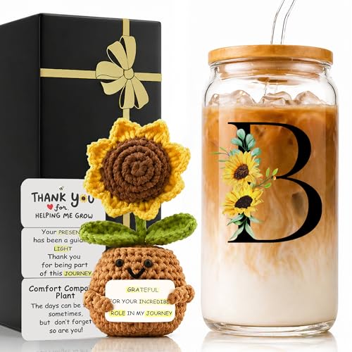 2 in 1 Personalized Glass Drinking Cup and Sunflower Doll for Gift Women Men Teacher Appreciation Female Preschool Middle High School Kindergarten Pre K Prek First Year 1st 2nd 3rd 4th 5th Grade B - style: Initial-B