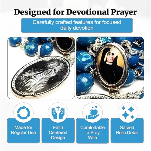 SANCTUM VERITAS Saint Faustina Kowalska True Relic Chaplet Apostle Divine of Mercy Miraculous Medal Jesus I Trust in You Chaplet Three O' Clock Prayer Poland Polish Novena - color: Blue