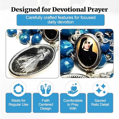 SANCTUM VERITAS Saint Faustina Kowalska True Relic Chaplet Apostle Divine of Mercy Miraculous Medal Jesus I Trust in You Chaplet Three O' Clock Prayer Poland Polish Novena - color: Blue