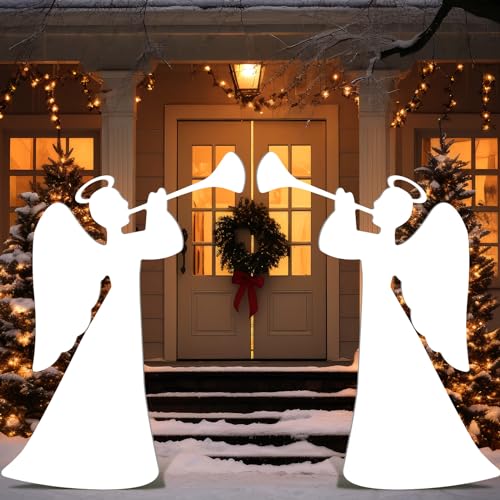 Barydat 2 Pcs 35'' Christmas Angels Outdoor Decoration Large Trumpeting Angel Nativity Scene Yard Sign Religious PVC Waterproof Decor with Stake for Yard Garden Lawn Christmas Home Patio Outdoor