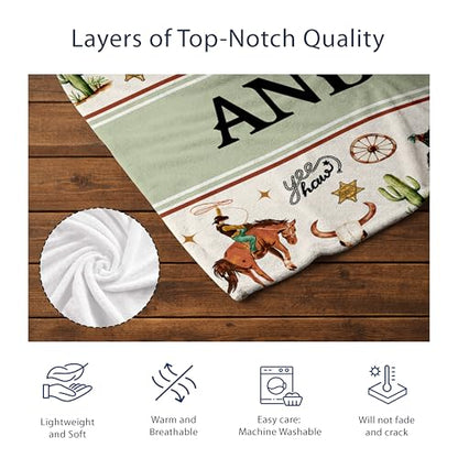 Personalized Cowboy Baby Blanket, Cute Farm Cow Western Pattern Design, Custom Name Toddler Kids Blanket Throw, Rustic Nursery Decor - color: Cowboy Blanket#1