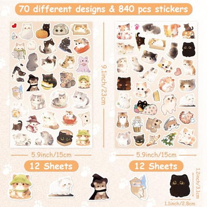 LINAYE 24 Sheets Cute Cat Stickers for Kids Teen Adults, 840 Counts Waterproof Adhesive Kawaii Kitten Stickers for Party Favors, Scrapbooking, Water Bottles, Laptop, Phone, Skateboard, Bicycle - style: Cats 24 Sheets