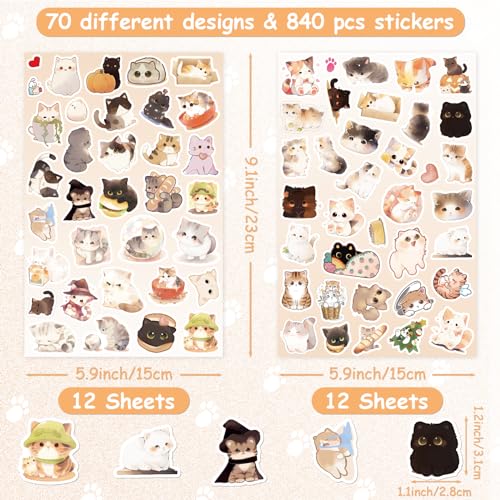 LINAYE 24 Sheets Cute Cat Stickers for Kids Teen Adults, 840 Counts Waterproof Adhesive Kawaii Kitten Stickers for Party Favors, Scrapbooking, Water Bottles, Laptop, Phone, Skateboard, Bicycle - style: Cats 24 Sheets