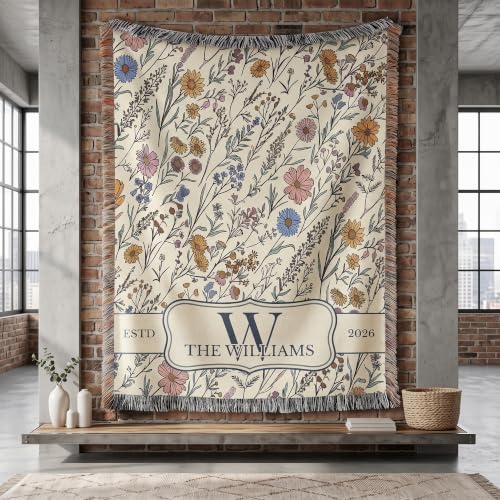 Chillever Personalized Monogram Woven Blanket with Last Name, Custom Floral Throw Blankets for Couch Bed, Cotton Anniversary Wedding Gift for Couple, New Home Housewarming Presents 4 - color: A7