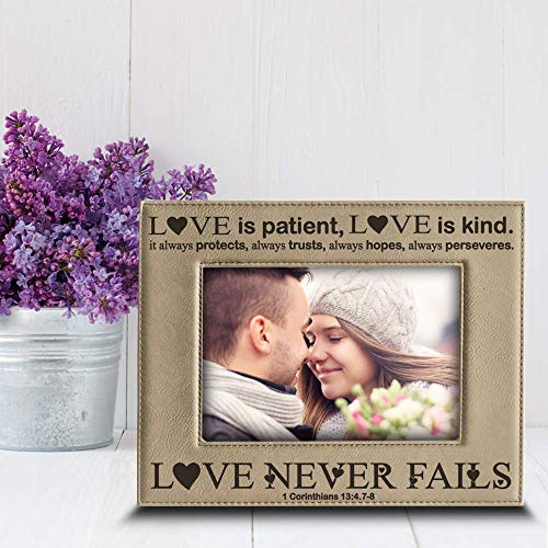 BELLA BUSTA -Love Never Fails-1 Corinthians (bible verse)-Anniversary for Her, Him-Valentines Day- Engraved Leather Picture Frame (5 x 7 Horizontal) - size: 5 x 7 Horizontal