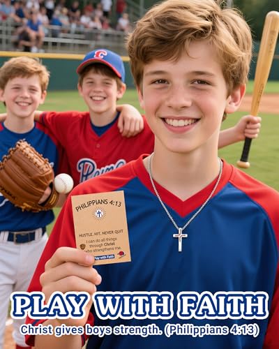 UNGENT THEM Baseball Cross Necklace for Boys with Bible Verse Card, 20 Inch