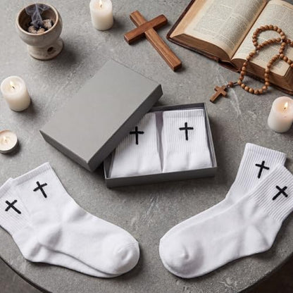 Skicuff 6/9 Pairs Christian Cross Socks Prayer Crew Stockings - color: White