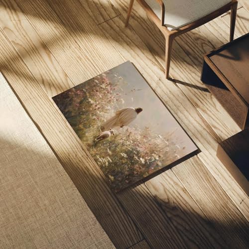 Framed Jesus Wall Art Jesus and the Lamb Walking Among Flowers Christian Poster Print Religious Art Canvas Painting for Living Room, Church, Prayer Room, Bedroom, etc., 12x16 in - color: Jesus Wildflower Sheep3, size: 12x16 Inches