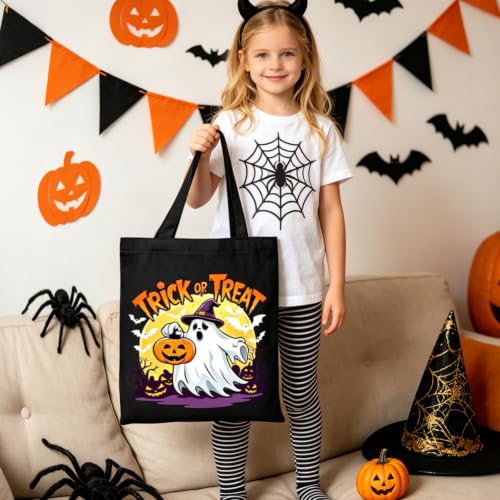 Canvas Tote Bag with Zipper, Halloween Trick or Treat Bags for Kids Bulk - color: [A0] Halloween - Black