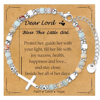 Christian Cross Bracelet for Women Girls, Adjustable Stainless Steel Beaded Cross Bracelets, First Communion Confirmation Easter Religious Bapstim Natural Gemstone Jesus Bracelet Gifts for Her - style: Dear Lord