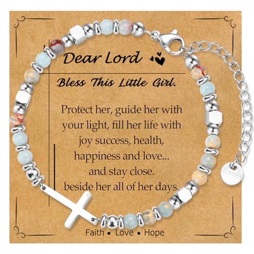 Christian Cross Bracelet for Women Girls, Adjustable Stainless Steel Beaded Cross Bracelets, First Communion Confirmation Easter Religious Bapstim Natural Gemstone Jesus Bracelet Gifts for Her - style: Dear Lord