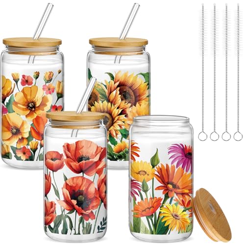Mumufy 4 Pack Oil Flower Glass Cup, 16 oz Tumbler Mug with Bamboo Lid - style: Oil Flower