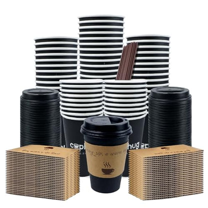 12oz Disposable Coffee Cups with Lids, Kraft Sleeves & Straws, 100 Pack Black Paper Hot Drink Cups - color: Black, size: 12oz-100Pack