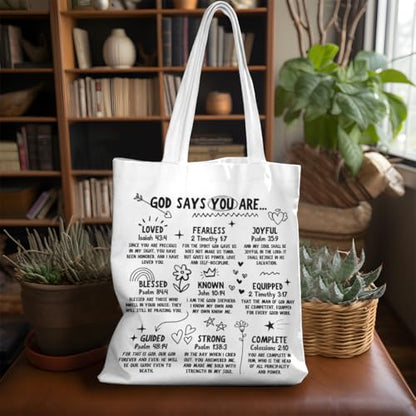 VICBOU Bible Verse Canvas Tote Bag Religious Christian Gifts for Women Men Faith Canvas Tote Reusable Grocery Bag - color: Godsaysblessed