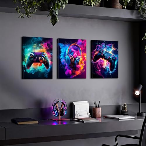 WENGTIAO 3Pcs Neon Gamepad Headphones Canvas Wall Art Prints 12"x16" - color: Cool Game Controller, size: 12"x16"x3Pcs