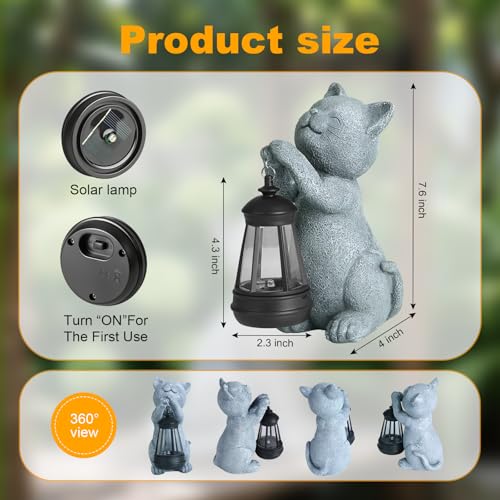 Solar Cat Garden Statue with LED Light - Cute Cat Figurine for Outdoor Decor, Weatherproof Resin Night Light for Yard Patio Lawn, Gift for Cat Lovers Women Mom Grandma