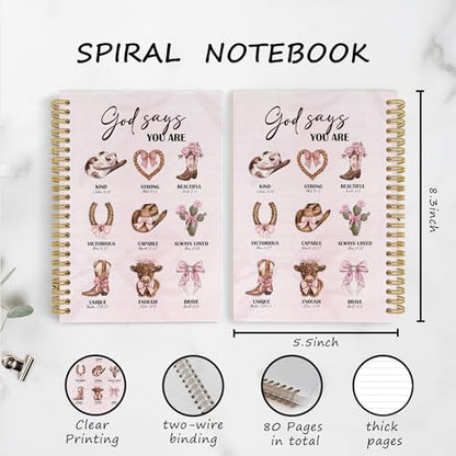 YLZlhb Pink Western Christian Spiral Notebook Journal, Cowgirl Gifts Notebooks for Note Taking, Christian Gifts for Women, God Says You Are Bible Verse Hardcover Spiral Journal 5.5x8.3 Inches - color: you are