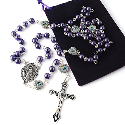 HanlinCC Catholic Miraculous Rosary Glass Pearl Beads Pray Card & Gift Bag - color: Purple