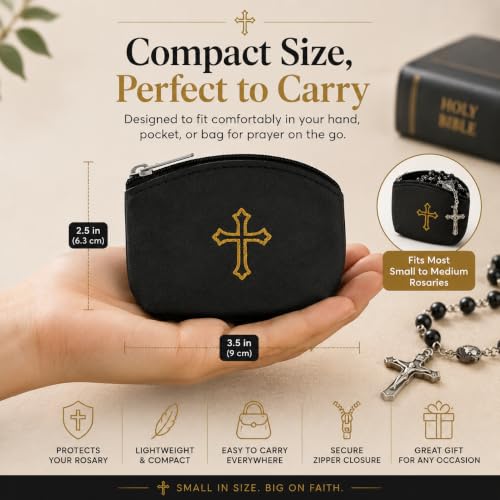 Green Rosary Pouch with Zipper & Gold St. Thomas Cross Imprint | Compact Leatherette Rosary Case for Small to Medium Rosaries | Protective Travel Rosary Holder for Men & Women - color: Green