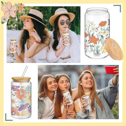 Mumufy 4 Pack Bohemian Flower Glass Cup, 16 oz Tumbler Mug with Bamboo Lid - style: Bohemian Flower