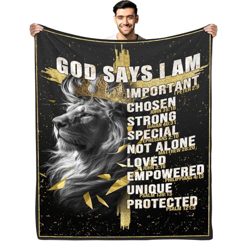 CIUGOIG Christian Gifts for Men, God Says i Am Lion Blanket 80"x60", Inspirational Religious Birthday Gifts for Lion and Cross Blanket, Christian Faith Jesus God Prayer Bible Verse Gift for Christmas - color: God Says - Lion, size: 60"x80"