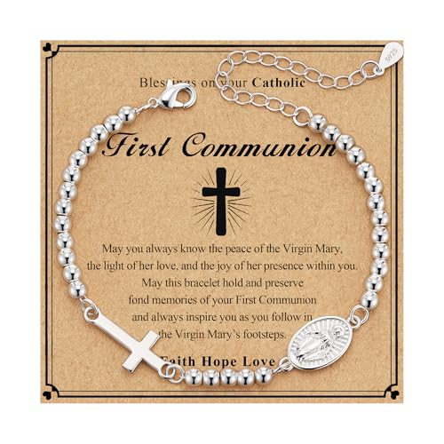 First Communion Gifts for Girls Virgin Mary Cross Bracelet Non Tarnish Baptism 1st Holy Communion Confirmation Gifts Christian Religious Catholic Jewelry - color: First Communion,Silver