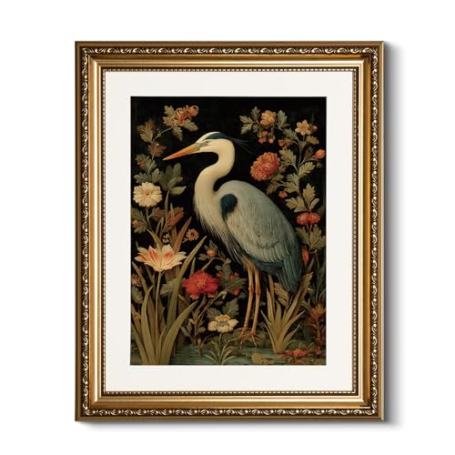 HUARCEY Vintage Gold Framed Botanical Bird Canvas Wall Art 13x16 Inch - color: Blue Heron, size: 16"L x 13"W