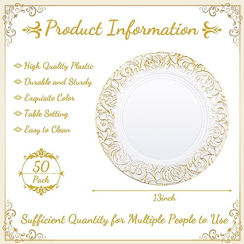 Uiifan 50 Pcs White Charger Plates Bulk 13'' Antique Plastic Chargers - color: White