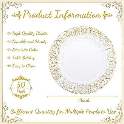Uiifan 50 Pcs White Charger Plates Bulk 13'' Antique Plastic Chargers - color: White