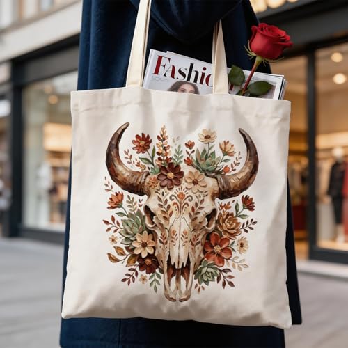 Western Canvas Tote Bag, Western Gift for Women - color: Cow Skull