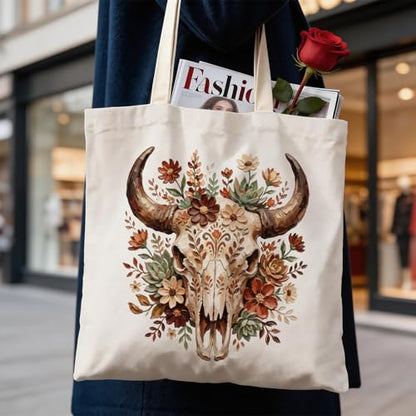Western Canvas Tote Bag, Western Gift for Women - color: Cow Skull