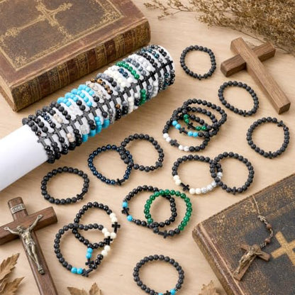 36Pcs Cross Beaded Bracelets, 8mm Natural Stone Bracelet Christian Gifts