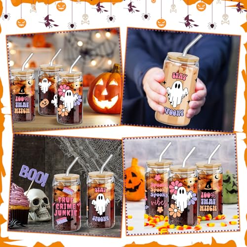SiliFine 6 Pcs Halloween Glass Cups, 16 oz with Lids and Straws - style: Ghost
