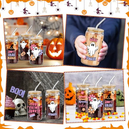 SiliFine 6 Pcs Halloween Glass Cups, 16 oz with Lids and Straws - style: Ghost