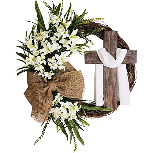 Easter Cross Wreath with Burlap Bow, Spring Wreath for Front Door, Easter Wreath Door Sign Hanging Decorations Wooden Jesus Hanger for Farmhouse Home Patio Porch Wall Christian Gift (White) - color: White