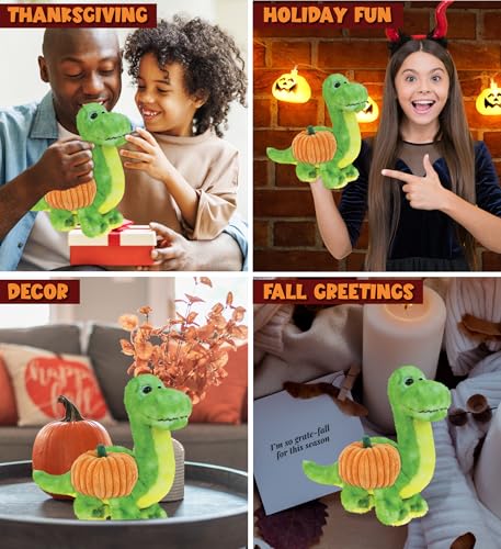 DolliBu Super Soft Green Dinosaur Stuffed Animal with Pumpkin Plush Decor - Dinosaur Pumpkin Plush Animal for Fall, Halloween and Thanksgiving, Pumpkin Plush Toy for Baby, Kids, Adults - 10 Inches