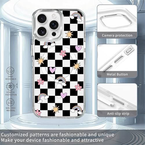 for iPhone 14 Pro Case [Compatible with Magsafe],Girls Women Clear Magnetic Case Silicone Shockproof Protective Cover with Pattern Checkerboard Flowers - color: Checkerboard Flowers, size: iPhone 14 Pro