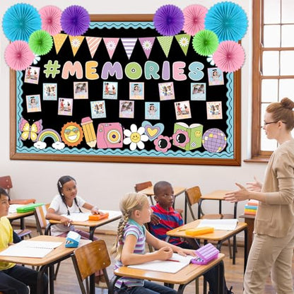 Pastel Groovy End of Year Bulletin Board Set 2026 Graduation Picture Frame Memories Classroom Decoration Paper Fans 3D DIY Hanging Cutouts for First Day of School Classroom Chalkboard Wall Decor - style: Pastel Memories