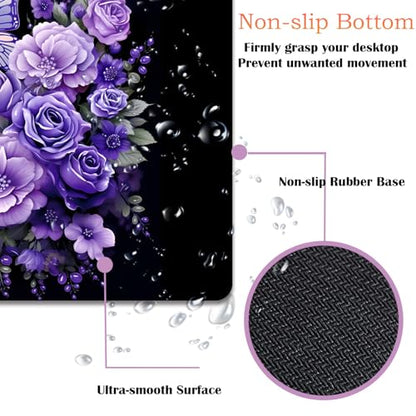 Mouse Pad 9.4"x7.9" + Wrist Support Pad + Embroidered Cup Pad Non-Slip Set, Ergonomic Mouse Wrist Support Pad, Suitable for Office/Gaming/Home Use, Butterfly and Purple Flowers - color: Butterfly and Purple Flowers