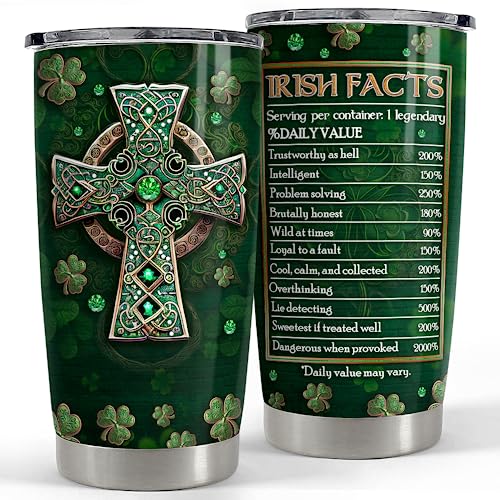 SANDJEST Irish Tumbler 20oz Irish Facts Celtic Cross Stainless Steel Tumbler with Lid Gift for Women Birthday Christmas - color: Irish