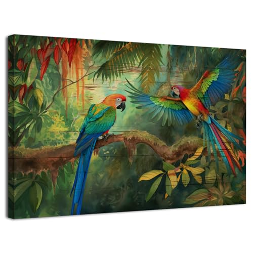 Colorful Bird Wall Art Tropical Wall Decor Green Forest Parrots Canvas Prints Birds Pictures Green Jungle Painting Rustic Watercolor Birds Poster for Kids Bedroom Living Room Home Decoration 12x16" - color: Colorful Parrots, size: 16"L x 12"W