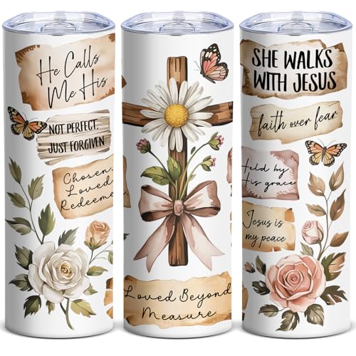 Christian Skinny Tumbler,Faith-Based Inspirational Tumbler Gift for Women - color: White-Brown