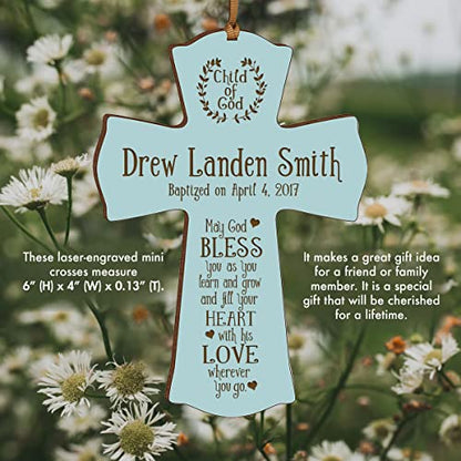 LifeSong Milestones Personalized Baptism Wall Cross - Engraved Blue Wood Christian Cross with Name & Date, Child of God Blessing, Christening & First Communion Gift (Blue, 4.5" x 6") - color: Blue, size: 6"L x 4.5"W