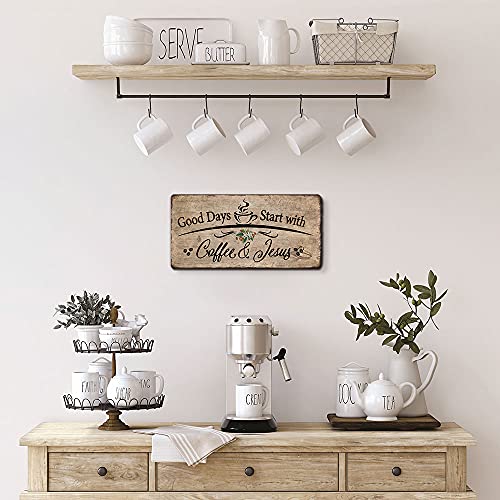 Rustic Wood Plaque Sign,Good Days Start with Coffee and Jesus Wall Decor, Farmhouse Coffee Bar Accessories & Kitchen Wall Art, Christian Gifts for Women Coffee Lovers,Ready to Hang16*8 In