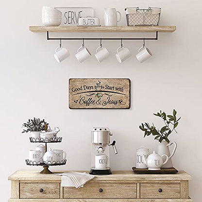 Rustic Wood Plaque Sign,Good Days Start with Coffee and Jesus Wall Decor, Farmhouse Coffee Bar Accessories & Kitchen Wall Art, Christian Gifts for Women Coffee Lovers,Ready to Hang16*8 In