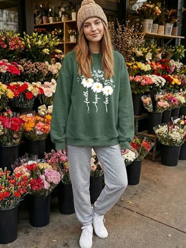 Christian Sweatshirts For Women Oversize Daisy Print Sweatshirts - color: Green, size: Medium