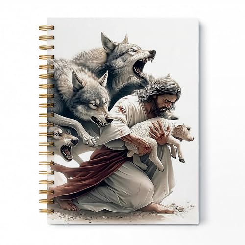 Jesus and Lamb Christian Spiral Notebook, Jesus Protecting Lamb from Wolves Journal, Christian Gifts for Women Men, Religious Hardcover Lined Notebook Journal, 5.5x8.3 Inch - color: pattern-4