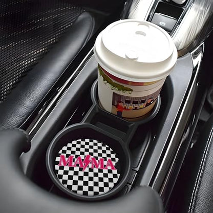 Mama Checkered Pink Car Cup Holder Coasters 2 Pack 2.63" for Women - color: White