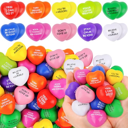 SHQDD Stress Balls, 100PCS Bulk Heart Stress Balls, Stress Balls for Adults & Kids, Motivational Quotes Soft Foam Stress Relief Squeeze Toys, Office Classroom Stress Relief Gifts, Perfect Party Favors