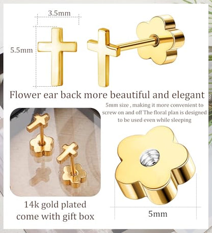 Enticera 14K Gold Stud Earrings for Women 20g Leaf Cross Bar Handmade Flat Back Earrings Hypoallergenic Nap Screw Back Cartilage Earrings Tragus Helix Piercing Jewelry - color: Gold Tone, style: Cross